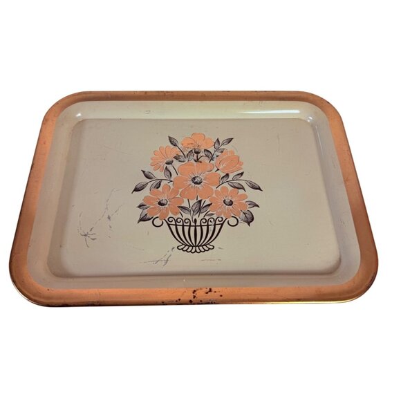 Rustic Metal Floral Serving Tray Gold Tone Flowers Trim Farmers Market VTG 50s - Picture 1 of 16